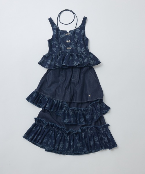 damage frill denim skirt／花柄ジャガードフリルスカート デニムスカート damage frill denim skirt／花柄ジャガード