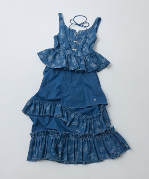 damage frill denim skirt／花柄ジャガードフリルスカート damage frill denim skirt／花柄ジャガードフリルデザイン