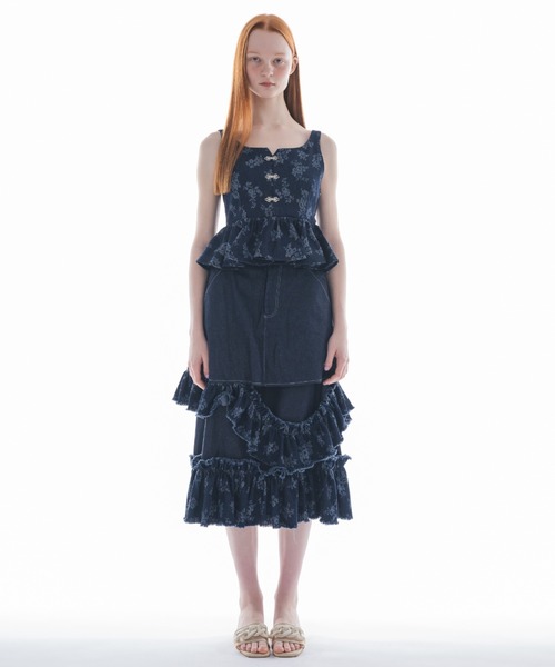 damage frill denim skirt／花柄ジャガードフリルスカート デニムスカート damage frill denim skirt／花柄ジャガード