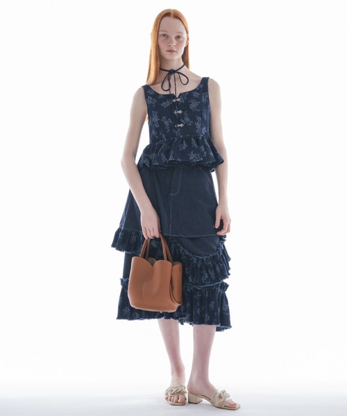 damage frill denim skirt／花柄ジャガードフリルスカート damage frill denim skirt／花柄ジャガードフリルデザイン