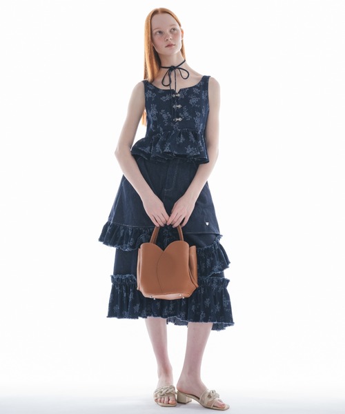 damage frill denim skirt／花柄ジャガードフリルスカート デニムスカート damage frill denim skirt／花柄ジャガード