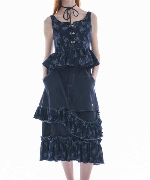 damage frill denim skirt／花柄ジャガードフリルスカート デニムスカート damage frill denim skirt／花柄ジャガード
