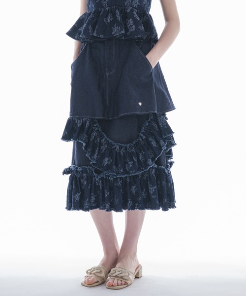 damage frill denim skirt／花柄ジャガードフリルスカート デニムスカート damage frill denim skirt／花柄ジャガード