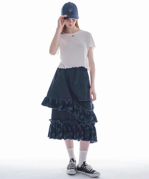 damage frill denim skirt／花柄ジャガードフリルスカート デニムスカート damage frill denim skirt／花柄ジャガード
