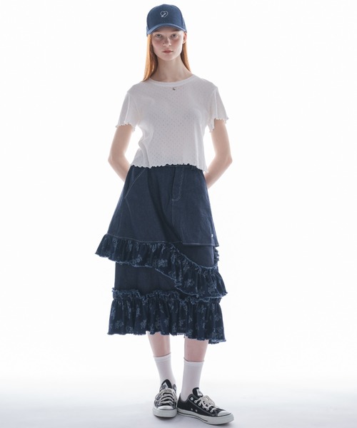 damage frill denim skirt／花柄ジャガードフリルスカート デニムスカート damage frill denim skirt／花柄ジャガード
