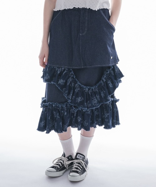 damage frill denim skirt／花柄ジャガードフリルスカート デニムスカート damage frill denim skirt／花柄ジャガード