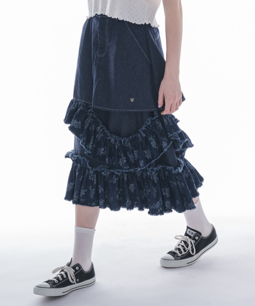 damage frill denim skirt／花柄ジャガードフリルスカート damage frill denim skirt／花柄ジャガードフリルデザイン