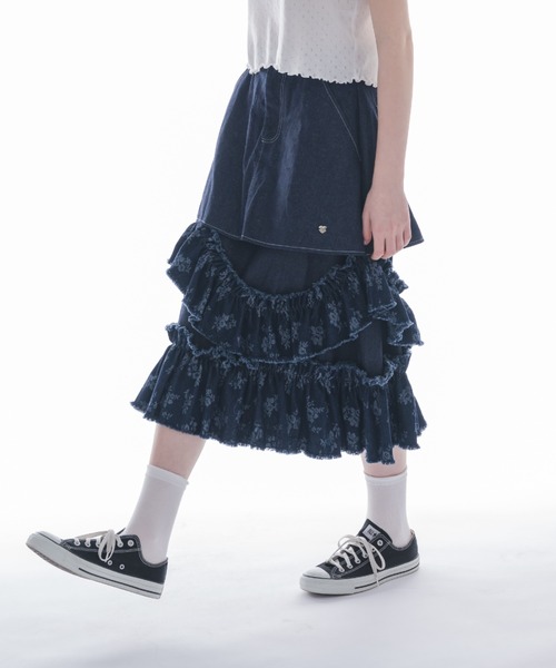 damage frill denim skirt／花柄ジャガードフリルスカート damage frill denim skirt／花柄ジャガードフリルデザイン