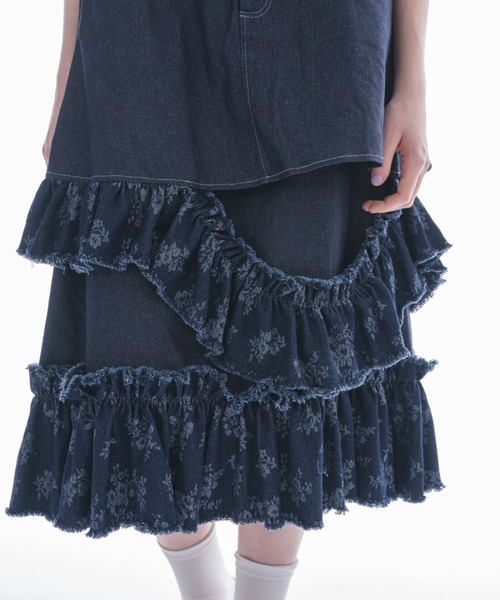 デニムスカート damage frill denim skirt／花柄ジャガードフリル