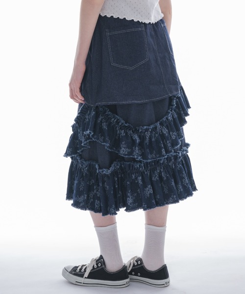 デニムスカート damage frill denim skirt／花柄ジャガードフリル