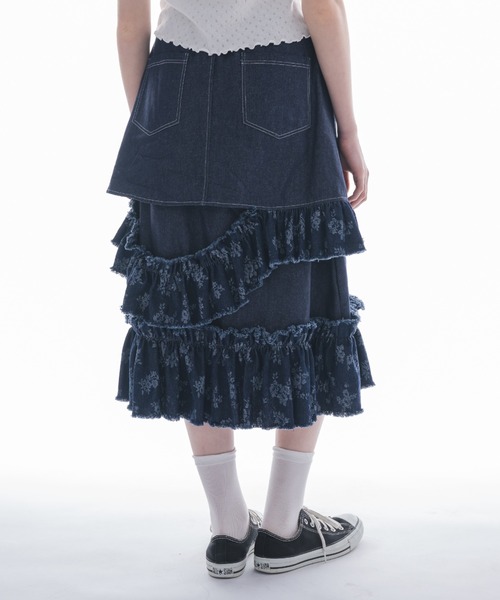 デニムスカート damage frill denim skirt／花柄ジャガードフリル