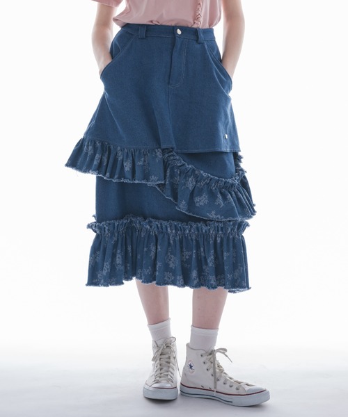 デニムスカート damage frill denim skirt／花柄ジャガードフリル