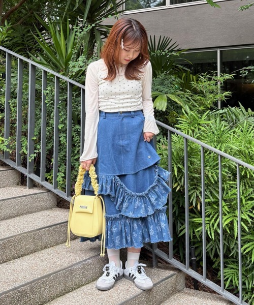 デニムスカート damage frill denim skirt／花柄ジャガードフリル