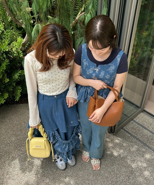 デニムスカート damage frill denim skirt／花柄ジャガードフリル