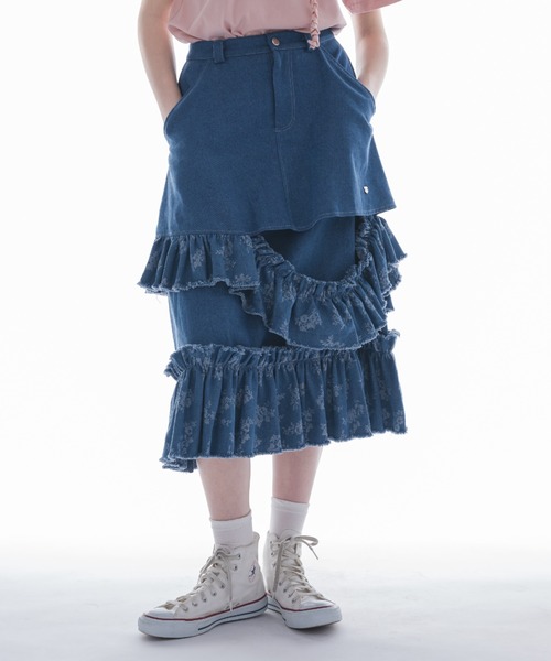デニムスカート damage frill denim skirt／花柄ジャガードフリル