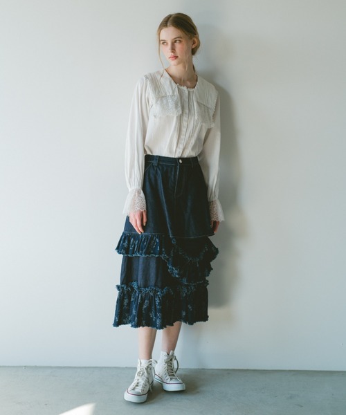 デニムスカート damage frill denim skirt／花柄ジャガードフリル