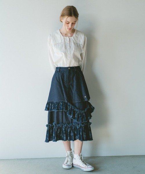idem damage frill denim skirt ネイビー デニムスカート damage frill denim skirt／花柄ジャガードフリル