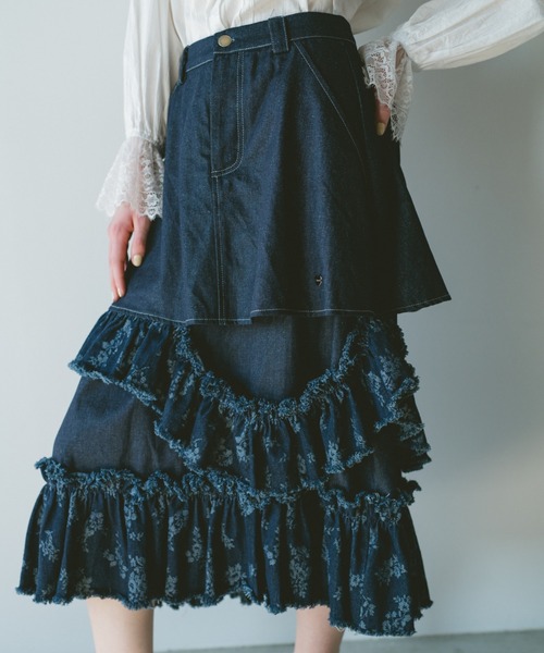 デニムスカート damage frill denim skirt／花柄ジャガードフリル