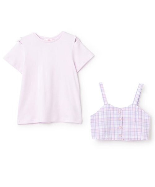 mezzo piano アンサンブル チェックビスチェ＆半袖Tシャツセット 