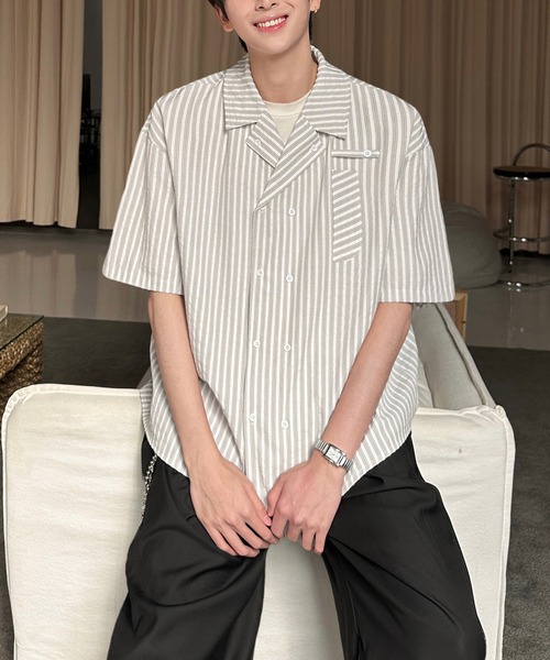 TOBEE シャツ 「TOBEE」ダブルブレスト ストライプ 半袖シャツ メンズ