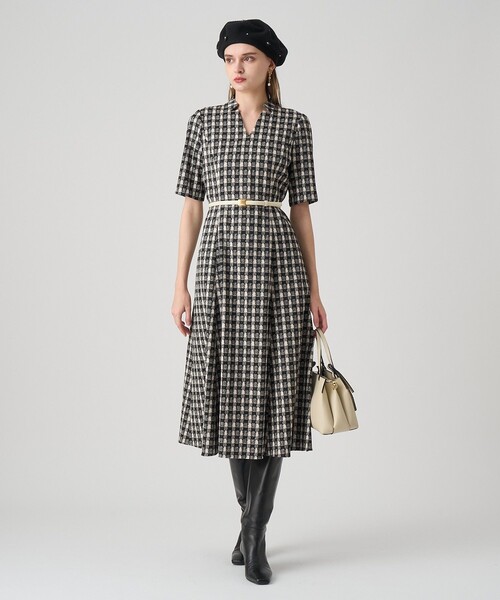 美品 ANAYI 25AW ツイーディージャカードキーホールネック ワンピース セットアップ対応商品】ツイーディージャカードキーホールネック