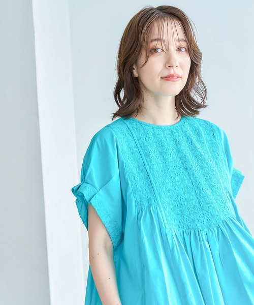 ブラウス シャツ フロント刺繍ハーフスリーブブラウス レディース studio CLIP ブラウス シャツ フロント刺繍ハーフスリーブ