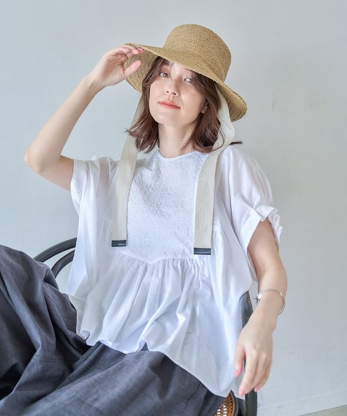 ブラウス シャツ フロント刺繍ハーフスリーブブラウス レディース studio CLIP ブラウス シャツ フロント刺繍ハーフスリーブ