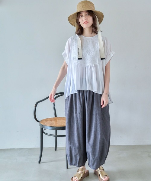 ブラウス シャツ フロント刺繍ハーフスリーブブラウス レディース studio CLIP ブラウス シャツ フロント刺繍ハーフスリーブ