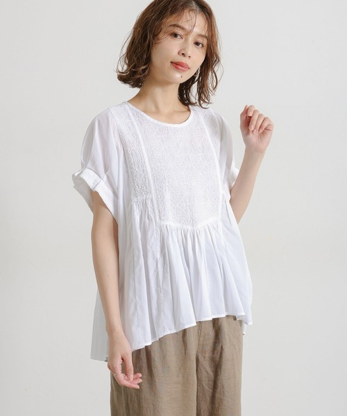 ブラウス シャツ フロント刺繍ハーフスリーブブラウス レディース studio CLIP ブラウス シャツ フロント刺繍ハーフスリーブ