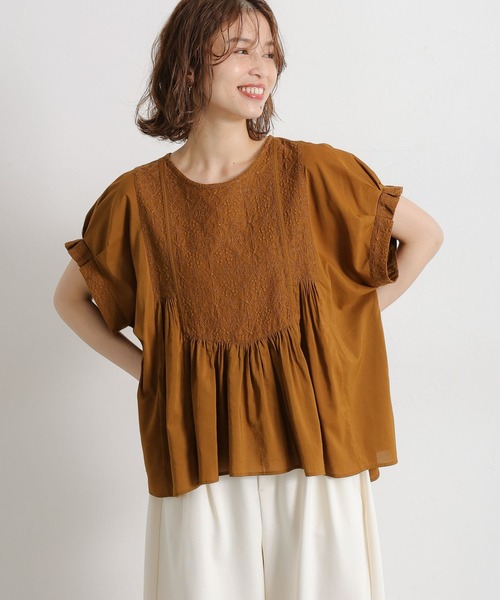 ブラウス シャツ フロント刺繍ハーフスリーブブラウス レディース studio CLIP ブラウス シャツ フロント刺繍ハーフスリーブ