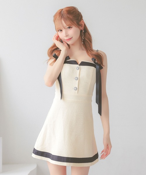 TikaPimil キャバドレス フレアミニドレス M ティカ Tika キャバドレス ラメフロントギャザー入りフリル袖半袖