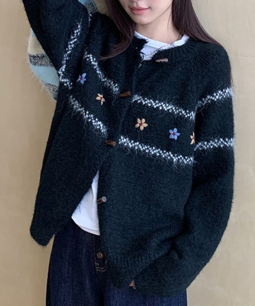 カーディガン 「25年秋冬新作」花柄ニット刺繍クルーカーディガン