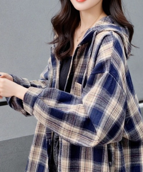 cammie ブラウス シャツ フード付きチェックシャツ レディース