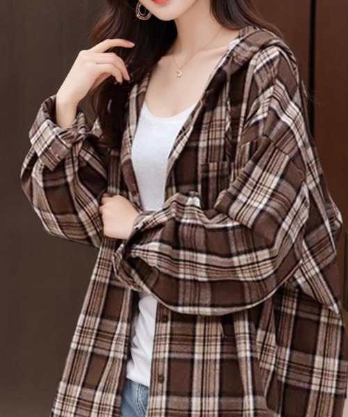 cammie ブラウス シャツ フード付きチェックシャツ レディース