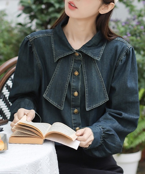 ブラウス シャツ デニムフリルカラーブラウス レディース : ZOZOTOWN