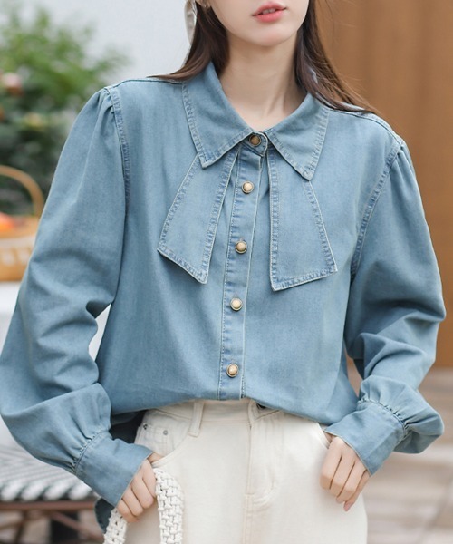 ブラウス シャツ デニムフリルカラーブラウス レディース : ZOZOTOWN