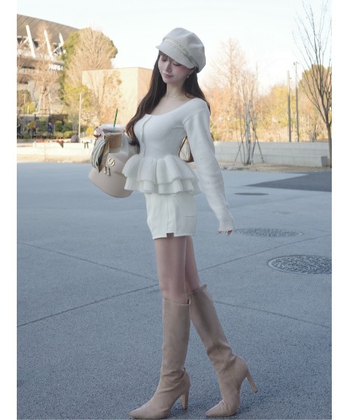 ダーリッチ darich ペプラムビジューニットトップス WHT 白 ホワイト ペプラムビジューニットトップス – Darich
