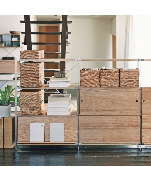 無印 MUJI 重なるラタン 角型と長方形 セット バケット 無印良品（MUJI） 収納 重なるラタン長方形バスケット・中 （V）約幅