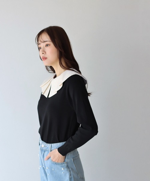 Bibly フリル襟 黒 ニットセーター 半袖 WILLSELECTION（ウィルセレクション） ニット セーター フリル襟