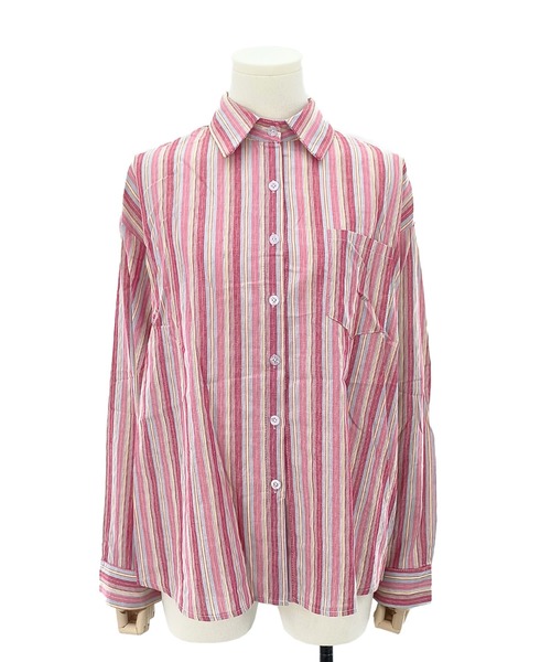 ArgueCulture口紅の跡♡ストライプシャツ 上品 ブラウス シャツ くしゅくしゅストライプシャツ レディース