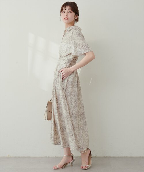 natural couture ワンピース スキッパー衿フレア袖ワンピース
