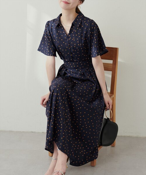natural couture ワンピース スキッパー衿フレア袖ワンピース