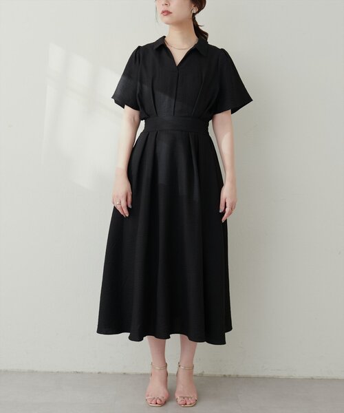 natural couture ワンピース スキッパー衿フレア袖ワンピース