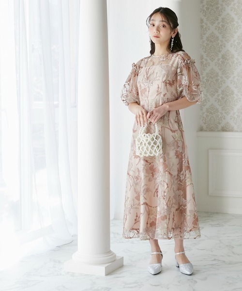 Jolie et ドレス パフスリーブ花柄刺繍ワンピースドレス