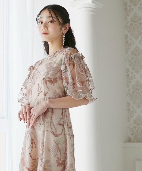 花柄刺繍 パフスリーブ ドレス Jolie et ドレス 「結婚式・パーティードレス」パフスリーブ花柄