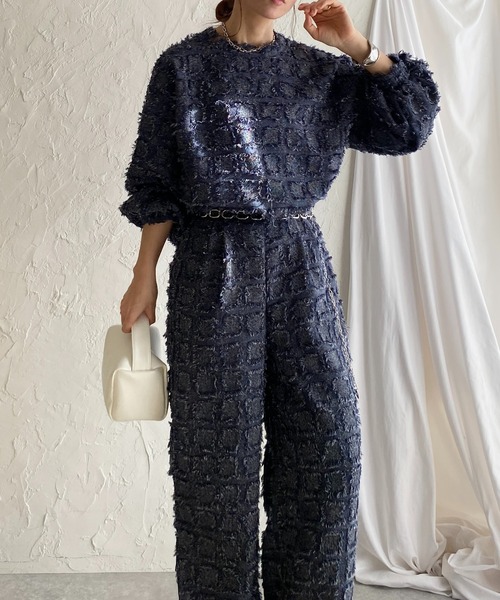 She's Closet セットアップ チェック柄フリンジジャガード長袖