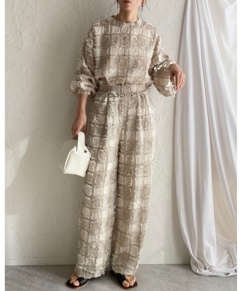 ローチェセットアップ She's Closet セットアップ チェック柄フリンジジャガード長袖