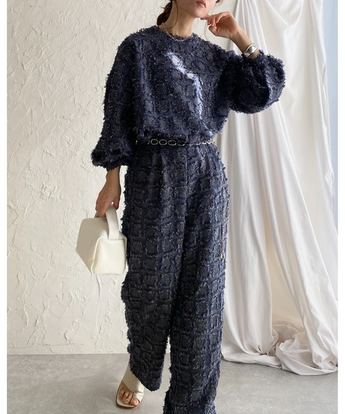 ローチェセットアップ She's Closet セットアップ チェック柄フリンジジャガード長袖
