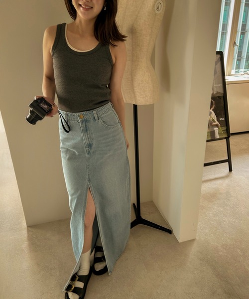 ◆関税込◆【Self-Portrait】デニム フロントスリット スカート ENC デニムスカート front slit denim skirt / フロントスリット