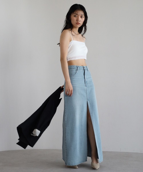 セクシーなフロントスリットデニムロングスカート(S~L) O4506 FREE STYLISTS デニムスカート フロントスリットデニムロング